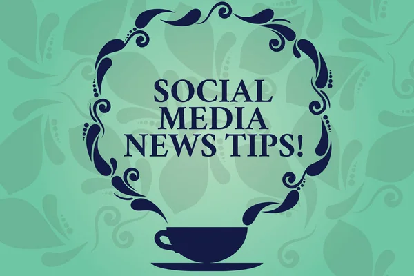 Word writing text Social Media News Tips. Business concept for Internet online communications new ways of knowledge Cup and Saucer with Paisley Design as Steam icon on Blank Watermarked Space.