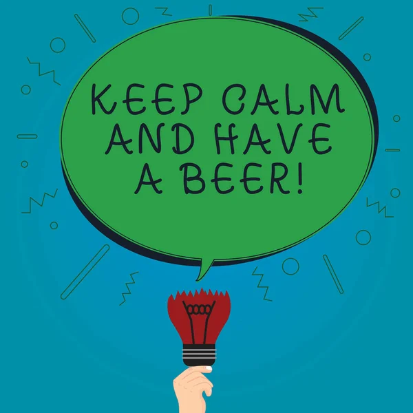Text sign showing Keep Calm And Have A Beer. Conceptual photo Relax enjoy a cold beverage with friends Leisure Blank Oval Color Speech Bubble Above a Broken Bulb with Failed Idea icon.