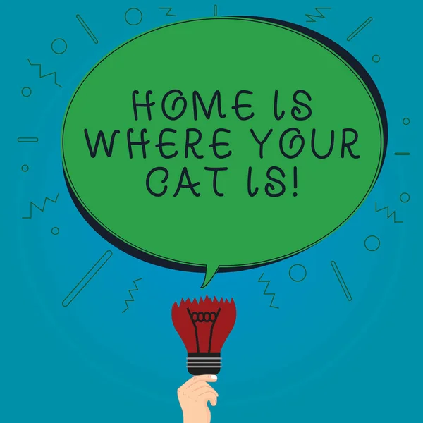 Text sign showing Home Is Where Your Cat Is. Conceptual photo Kitten lovers feline protection cute animals Blank Oval Color Speech Bubble Above a Broken Bulb with Failed Idea icon.