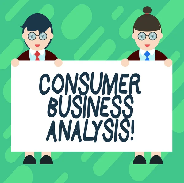 Conceptual hand writing showing Consumer Business Analysis. Business photo showcasing collect information on the target market s is needs Male and Female in Uniform Holding Placard Banner Text Space.