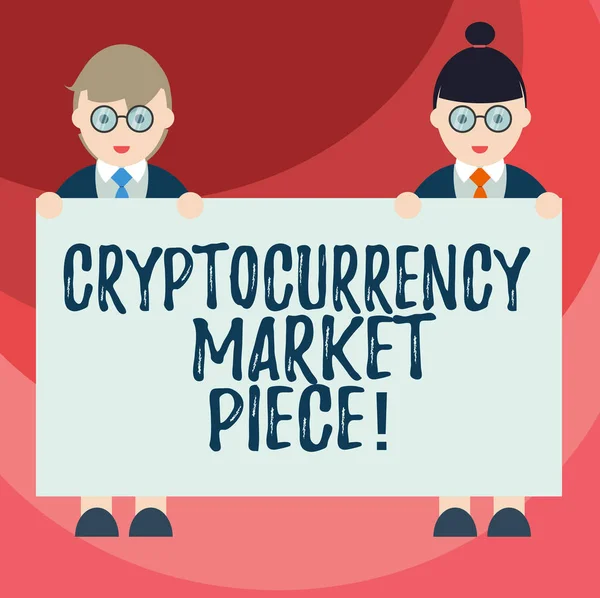 Tekst teken tonen Cryptocurrency markt stuk. Conceptuele foto digitale activa die kan worden uitgewisseld of handel van mannelijke en vrouwelijke in uniforme permanent Holding Placard Banner tekst spatie. — Stockfoto