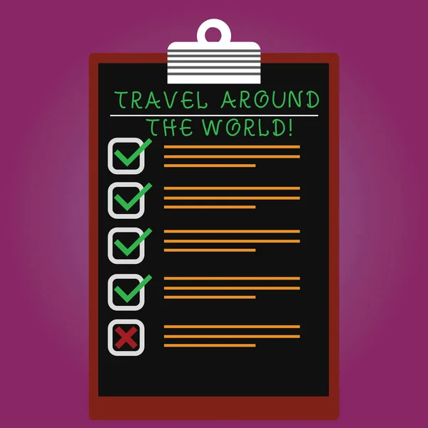 Handwriting text Travel Around The World. Concept meaning Traveling abroad know new places tourism trip Lined Color Vertical Clipboard with Check Box photo Blank Copy Space. — Stock Photo, Image