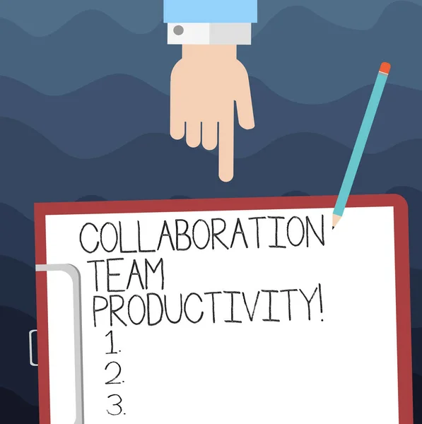 Tekst teken tonen van productiviteit van de teams van de samenwerking. Conceptuele foto Set team doelen voor het bereiken van gemeenschappelijke visie Hu analyse Hand wijzen naar beneden naar Klembord met lege Bond papier en potlood. — Stockfoto