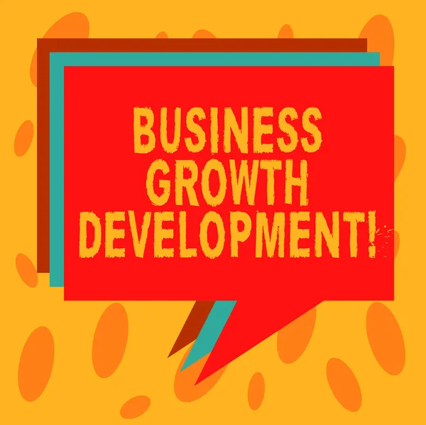 Writing note showing Business Growth Development. Business photo showcasing improving some measure of an enterprise success Stack of Speech Bubble Different Color Piled Text Balloon. — Stock Photo, Image