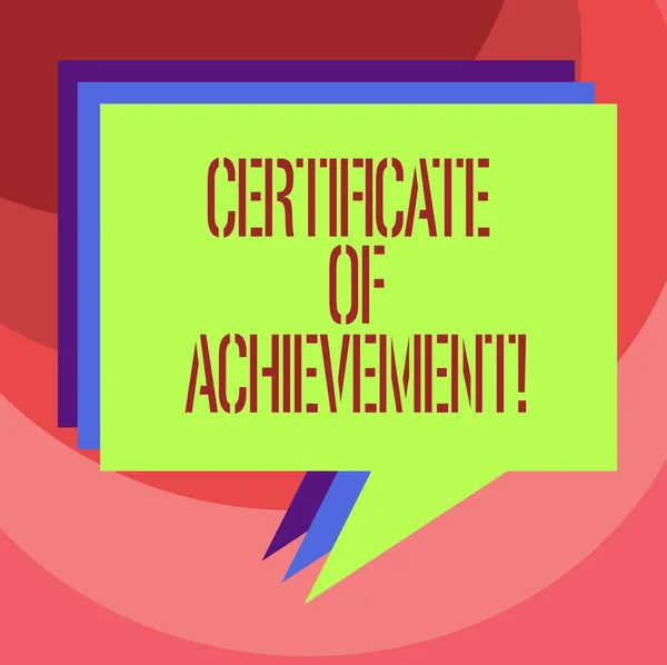 Tekst teken weergegeven: Certificate Of Achievement. Conceptuele foto verklaart dat een demonstreren gedaan uitzonderlijk goed Stack van toespraak Bubble verschillende kleur leeg kleurrijke opgestapeld tekstballon. — Stockfoto