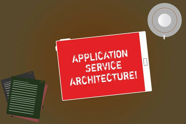 Handskrift text skriver Application Service Architecture. Begreppet mening design av lösningar som länka appar och data tablett tom skärm kopp tefat och Filler lakan på Blank färgbakgrund. — Stockfoto