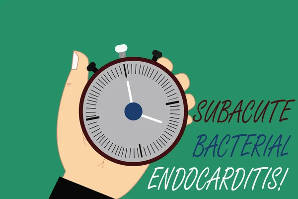 단어 쓰기 텍스트 Subacute 세균성 심장 내 막 염. 심장 Hu 분석 손을 들고 기계 중지 시계와 타이머 시작 정지 버튼의 내벽의 감염에 대 한 비즈니스 개념. — 스톡 사진