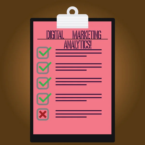 Writing note showing Digital Marketing Analytics. Business photo showcasing measure business metrics like traffic and leads Lined Color Vertical Clipboard with Check Box photo Blank Copy Space.