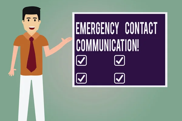 Word writing text Emergency Contact Communication. Business concept for Notification system or plans during crisis Man with Tie Standing Talking Presenting Blank Color Square Board photo.