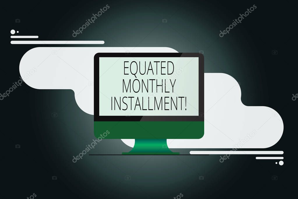 Writing note showing Equated Monthly Installment. Business photo showcasing Constantamount repayment monthly instalments Mounted Computer Monitor Blank Reflected Screen on Abstract Background.