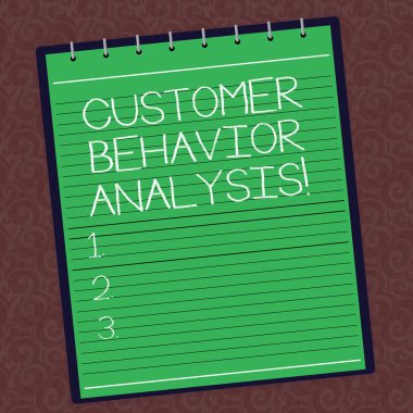 Müşteri davranış analizi gösterilen metin işareti. Kavramsal fotoğraf filigran arka planda baskılı ürünler sarmal üst renk Notepad kaplı fotoğraf kullanan tüketicilerin davranışlarını satın alma