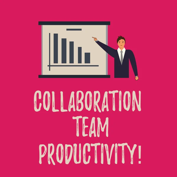 Handwriting text writing Collaboration Team Productivity. Concept meaning Set team goals for reaching common vision Man in Business Suit Standing Pointing a Board with Bar Chart Copy Space.