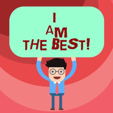 Word metin yazma, ben en iyisiyim. İçinde her şey başarılı yetenekli ve üst çentik adam ayakta tutan yukarıda onun kafa boş dikdörtgen renkli kurulu iş için iş kavramı.