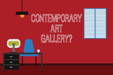 Kavramsal el çağdaş Art Galleryquestion gösterilen yazma. İş fotoğraf metin özel forprofit ticari Galeri Minimalist iç bilgisayar ve çalışma alanı içinde bir odası.