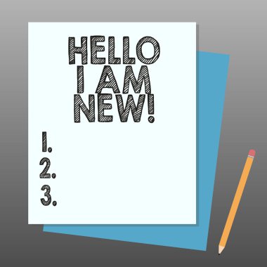 Kavramsal el yazma gösteren Merhaba ben Am New. Introducing kendinizi bilinmeyen gösteren newbie takım yığını, farklı Pastel rengi inşa Bond kağıt kalem vitrine iş fotoğraf.