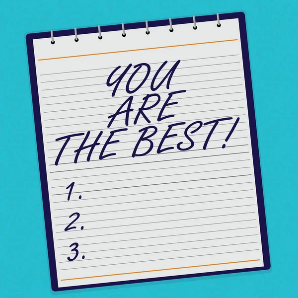 Handwriting text You Are The Best. Concept meaning Appreciation of your qualities and abilities great skills Lined Spiral Top Color Notepad photo on Watermark Printed Background.