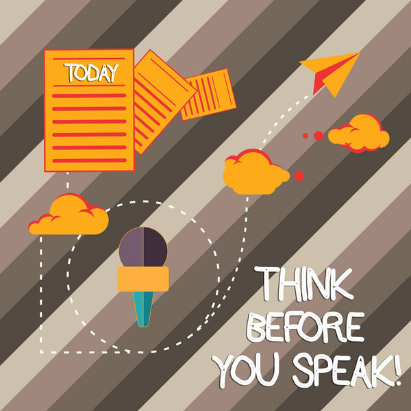 Написание почерка "Думай, прежде чем говорить". Концепция означает Рассмотрим, что вы собираетесь сказать, прежде чем сделать это Информация и документы, проходящие через облачный хостинг Быстрая доставка данных
.