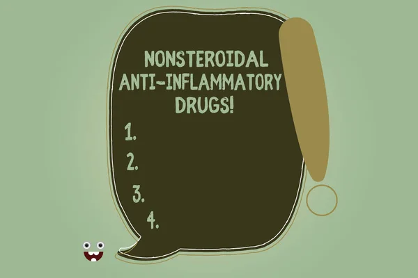 Writing note showing Nonsteroidal Anti Inflammatory Drugs. Business photo showcasing class of medicine that reduces pain Blank Color Speech Bubble Outlined with Exclamation Point. — Stock Photo, Image