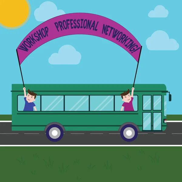 Λέξη κείμενο γραφής, Εργαστήρι Επαγγελματικής δικτύωσης. Επιχειρηματική ιδέα για δραστηριότητες να επεκτείνουν τις συνδέσεις δύο παιδιά μέσα στο σχολικό λεωφορείο κρατώντας έξω Banner με το ραβδί σε μια ημερήσια εκδρομή. — Φωτογραφία Αρχείου