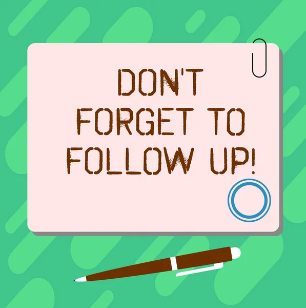 Handwriting text Don T Forget To Follow Up. Concept meaning Social media reminder communication marketing Blank Square Color Board with Magnet Click Ballpoint Pen Pushpin and Clip. — 图库照片