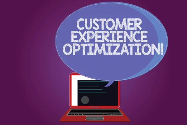 Text sign showing Customer Experience Optimization. Conceptual photo approach to the customer experience Certificate Layout on Laptop Screen and Blank Halftone Color Speech Bubble.