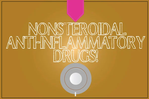 Text sign showing Nonsteroidal Anti Inflammatory Drugs. Conceptual photo class of medicine that reduces pain Coffee Cup Saucer Top View photo Reflection on Blank Color Snap Planner.