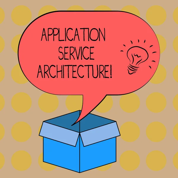 Ordet skriver text Application Service Architecture. Affärsidé för design av lösningar som länka appar och data idé ikonen inuti tom halvton tal bubbla över en öppen kartong. — Stockfoto