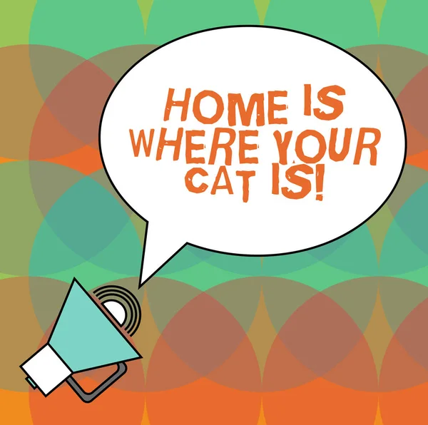 Εννοιολογική χέρι γραφή δείχνει σπίτι είναι όπου γάτα ΗΣ την επιχείρησή σας φωτογραφία κείμενο γατάκι εραστές αιλουροειδών προστασία χαριτωμένα ζώα οβάλ περιγράφονται ομιλία Bubble κείμενο μπαλόνι μεγάφωνο με εικονίδιο ήχου. — Φωτογραφία Αρχείου