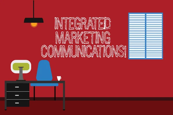 Conceptual hand writing showing Integrated Marketing Communications. Business photo text Linked all forms or communication Minimalist Interior Computer and Study Area Inside a Room.