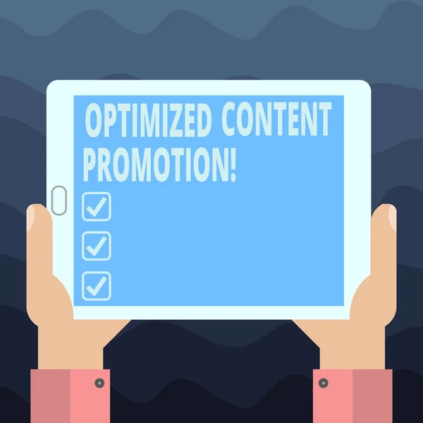 Schreibnotiz, die optimierte Content Promotion zeigt. Business-Foto-Präsentation macht Website attraktiv für Suchmaschinen hu Analyse Hand halten Tablet Smartphone-Display-Einheit Foto. — Stockfoto