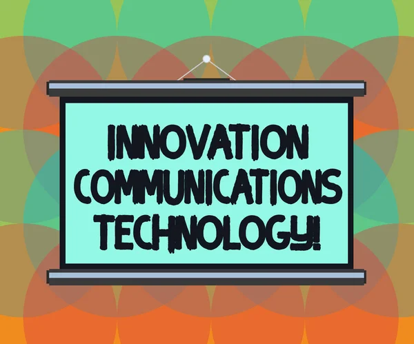Word pisanie tekstu innowacji technologii komunikacyjnych. Koncepcja biznesowa dla poprawy jakości usług i urządzeń puste przenośny ścianie powieszony projekcji ekran do prezentacji na konferencji. — Zdjęcie stockowe