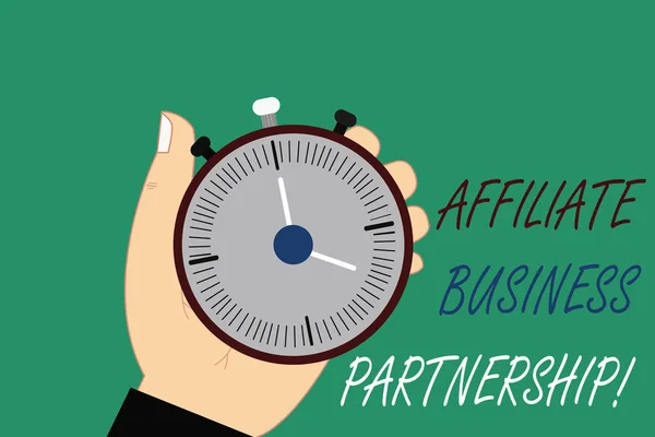 Texte d'écriture Word Affiliate Business Partnership. Concept d'affaires pour la relation interentreprise pour promouvoir le produit Hu analyse main tenant chronomètre mécanique avec bouton d'arrêt de démarrage . — Photo