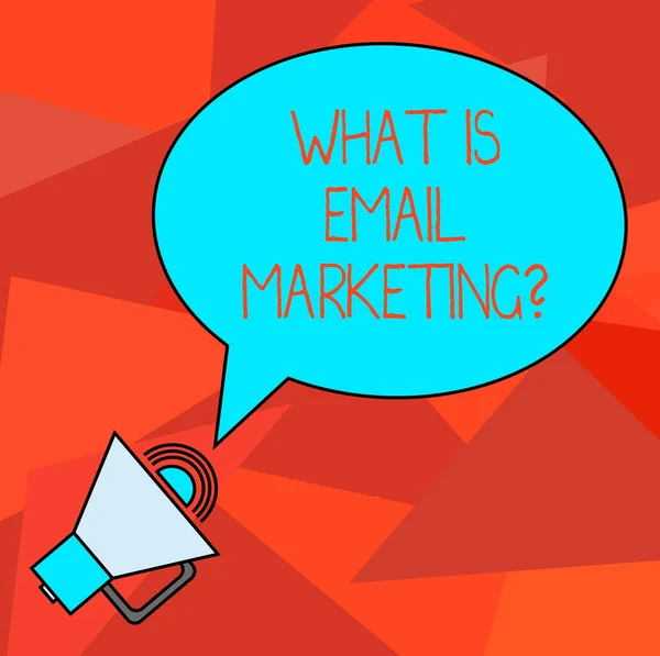 Conceptual hand writing showing What Is Email Marketing. Business photo showcasing Advertising by sending mails newsletters promotion Oval Outlined Speech Bubble Text Balloon with Sound icon.
