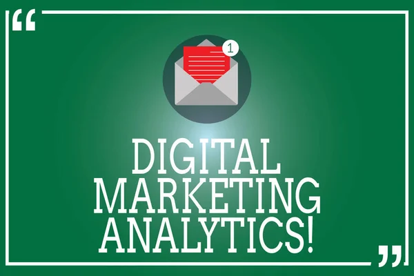 Handwriting text Digital Marketing Analytics. Concept meaning measure business metrics like traffic and leads Open Envelope with Paper New Email Message inside Quotation Mark Outline.