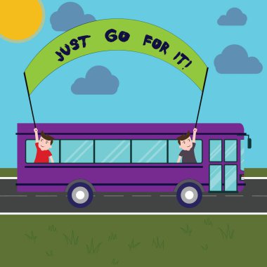 Sadece gitmek için onu iş fotoğraf bir şey iki çocuklar içinde okul otobüsü tutarak dışarı afiş ile bir günlük gezi çubuğa elde etmek için doğru eylemler yapmak istiyorsanız vitrine gösterilen Not yazma.