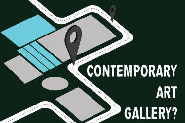 Çağdaş Art Galleryquestion gösterilen Not yazma. Özel forprofit ticari Galeri yol haritası navigasyon Marker vitrine iş fotoğraf yön rota Danışma için 3d Locator Pin.