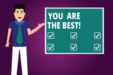 Sen Are The Best gösterilen metin işareti. Kavramsal fotoğraf takdir nitelikleri ve becerileri büyük beceri adam kravat ayakta konuşurken sunan renk Meydanı Pano fotoğraf ile.