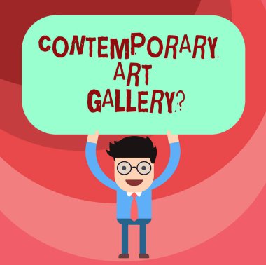 Word metin çağdaş Art Galleryquestion yazma. İş kavramı özel forprofit ticari Galeri adam ayakta tutan yukarıda onun kafa boş dikdörtgen renkli Pano için.