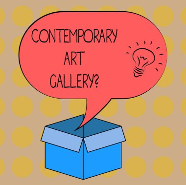Word metin çağdaş Art Galleryquestion yazma. İş kavramı için özel forprofit ticari Galeri fikir kutsal kişilerin resmi içinde boş yarı ton konuşma balonu üzerinde bir açık karton kutu.