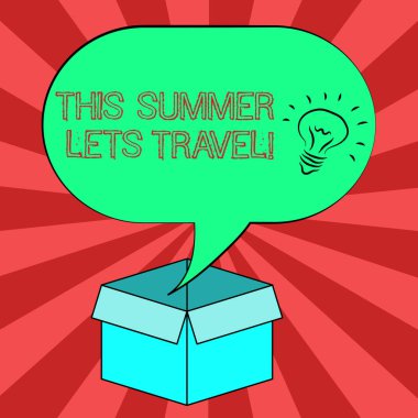Kavramsal el bu yaz seyahat sağlar gösterilen yazma. Davete gezi tatil güneşli sezon yıl fikir simgesi boş yarı ton konuşma balonu üzerine karton kutuda vitrine iş fotoğraf.