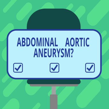Kavramsal el abdominal aort Aneurysmquestion gösterilen yazma. Aort boş dikdörtgen şekli etiket oturan bir döner sandalye üzerinde genişleme tanımaya vitrine iş fotoğraf.