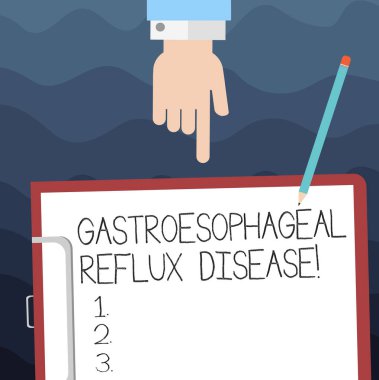 Gastroözofageal reflü hastalığı gösterilen metin işareti. Kavramsal fotoğraf sindirim bozukluğu Burning göğüs ağrısı Hu analiz el işaret aşağı boş Bond kağıt ve kalem ile panoya.