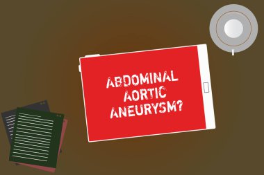 Abdominal aort Aneurysmquestion yazma el yazısı metin. Aort Tablet boş ekran fincan tabağı ile boş renk arka plan üzerinde dolgu yaprakları genişleme tanımaya kavram anlam.