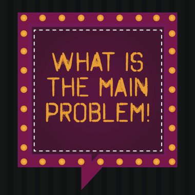 Text sign showing What Is The Main Problem. Conceptual photo Identify the cause of troubles Repair work Square Speech Bubbles Inside Another with Broken Lines Circles as Borders. clipart