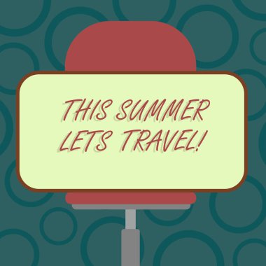 Bu yaz seyahat sağlar gösterilen Not yazma. Tatil güneşli sezon yılın boş dikdörtgen şekli etiket oturan yatay olarak döner sandalye üzerinde yolculuk için davet vitrine iş fotoğraf.