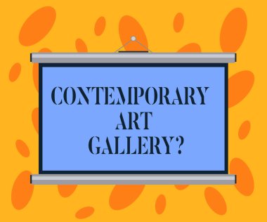 Çağdaş Art Galleryquestion gösterilen Not yazma. Özel forprofit ticari Galeri taşınabilir duvara projeksiyon perdesi konferans sunum için vitrine iş fotoğraf.