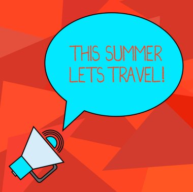 Kavramsal el bu yaz seyahat sağlar gösterilen yazma. Ses simgesi ile Oval özetlenen konuşma balonu metin balonu yılın güneşli sezon tatil gezi için davet vitrine iş fotoğraf