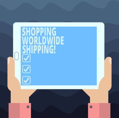 Alışveriş sevkiyat gösterilen Not yazma. İş fotoğraf vitrine doğrudan satın almak online ile uluslararası nakliye Hu analiz el Holding Tablet Smartphone görüntü birimini fotoğraf.