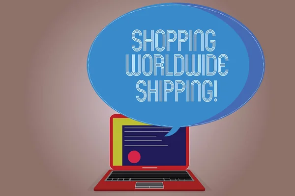 Writing note showing Shopping Worldwide Shipping. Business photo showcasing Directly buy online with international shipping Certificate Layout on Laptop Screen and Halftone Speech Bubble.