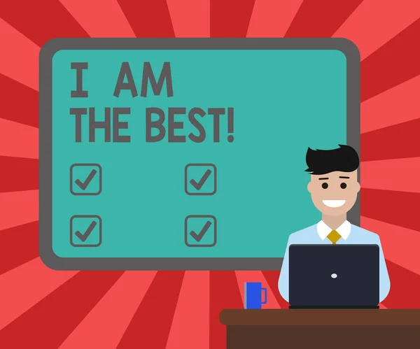 Conceptual hand writing showing I Am The Best. Business photo text Doing well in everything Successful Skilled and top notch Bordered Board behind Man Sitting Smiling with Laptop Mug on Desk. — Stock Photo, Image